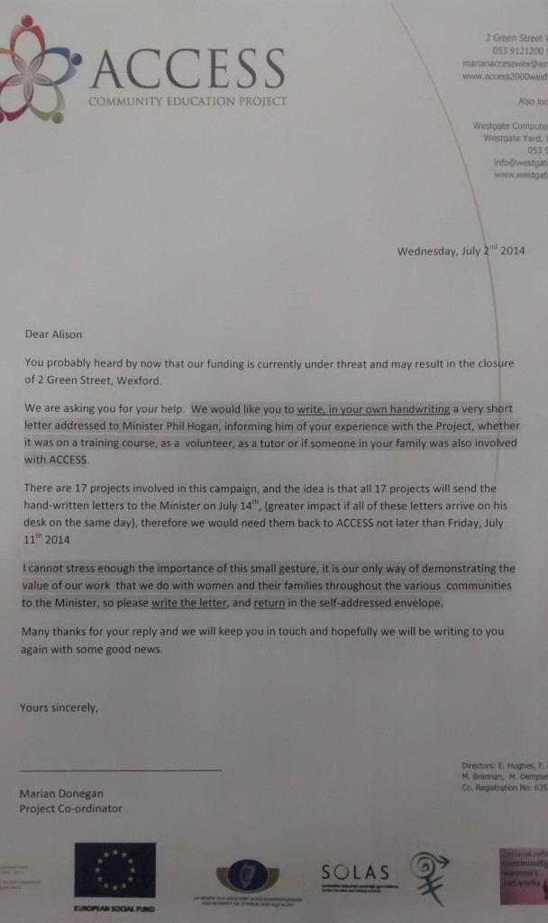 The letter which was sent to people seeking their support to ring fence funding for NCCWN in Wexford The letter which was sent to people seeking their support to ring fence funding for NCCWN in Wexford