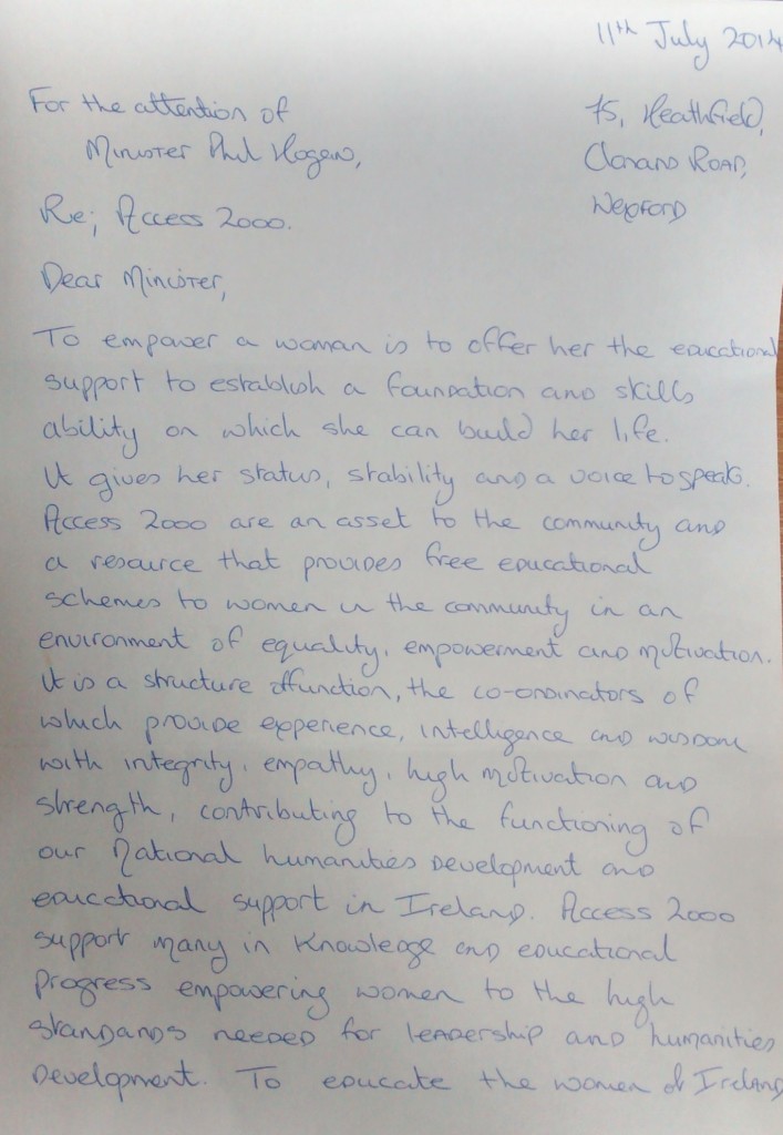 Letter supporting ACCESS-NCCWN from Roisin Kenny