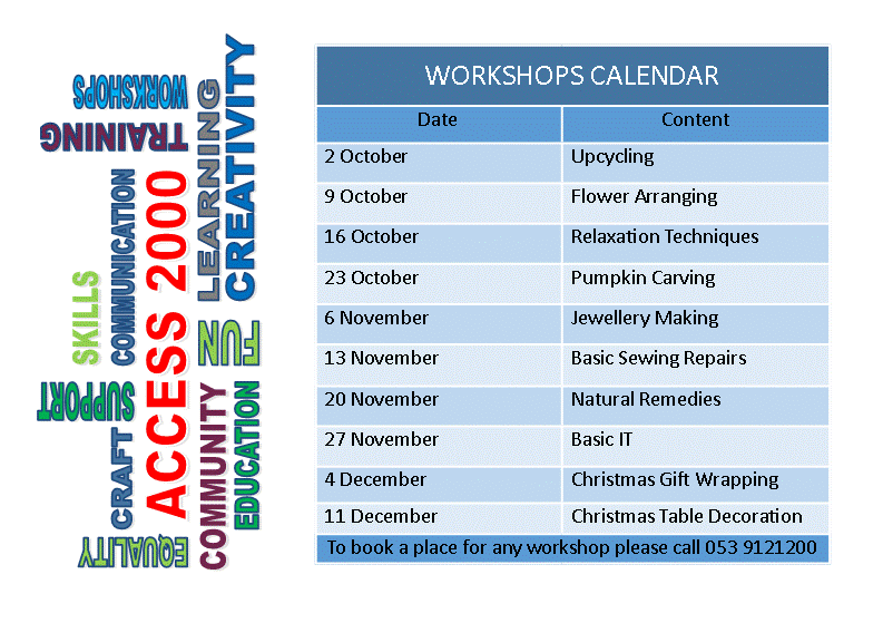 Access 2000 Craft Workshops calendar